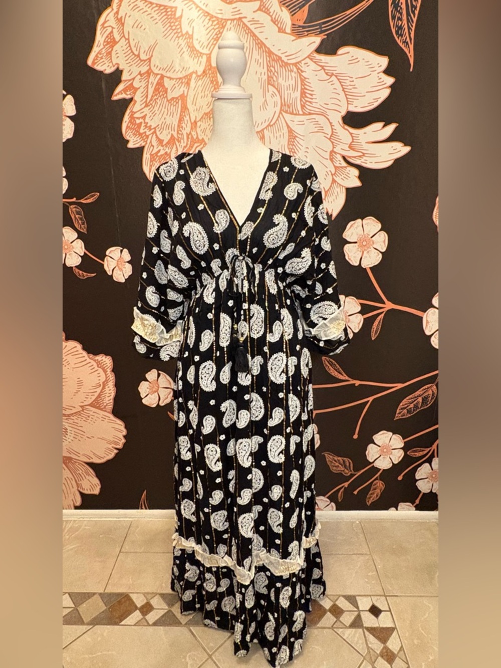 CHARMING Black and Ivory Paisley Maxi Dress with Lace Trim and Tassel Tie